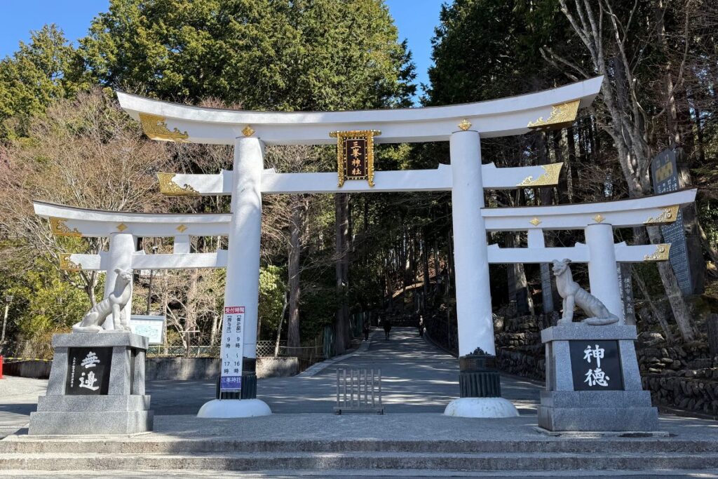 三峯神社の象徴・三ツ鳥居と山犬像