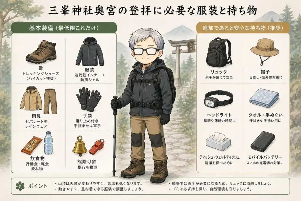 登拝に適した服装と装備で準備を整えましょう